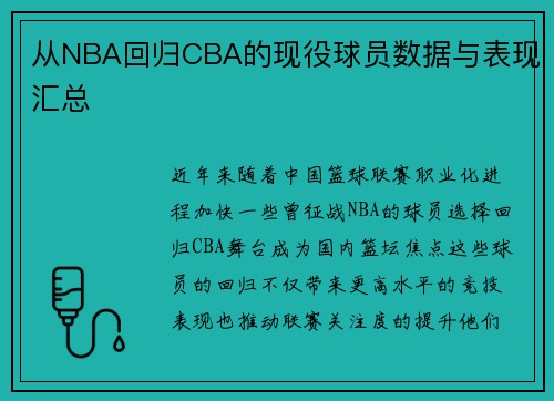 从NBA回归CBA的现役球员数据与表现汇总