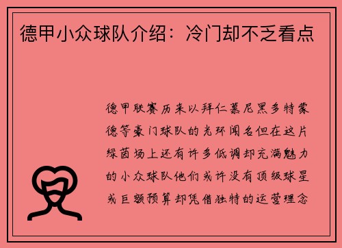 德甲小众球队介绍：冷门却不乏看点